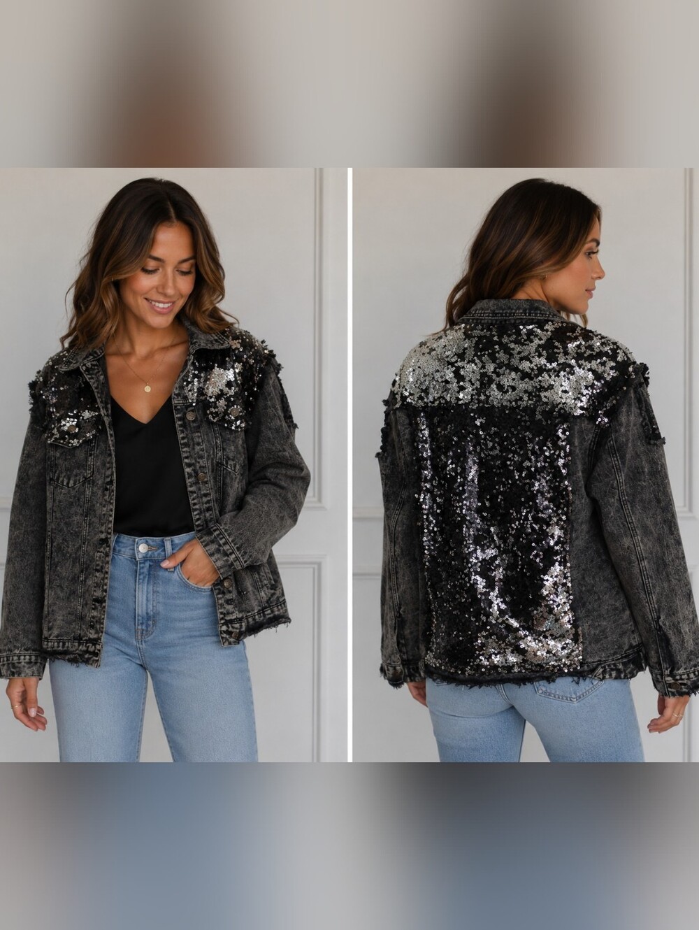 L & B Lucky & Blessed Black Distressed Denim Jacket With Sequin Trim Size 2x